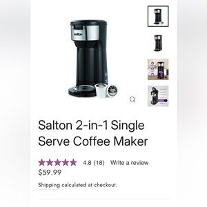 Salton 2 in 1 single serve coffee maker NWT